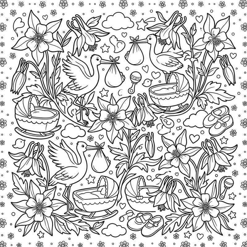 Delight in the anticipation of new arrivals with this enchanting coloring page, blending the delicate beauty of columbine wildflowers with heartwarming baby shower motifs. Discover storks delivering bundles of joy, cozy cradles, and playful nursery items, all waiting for your creative touch.
