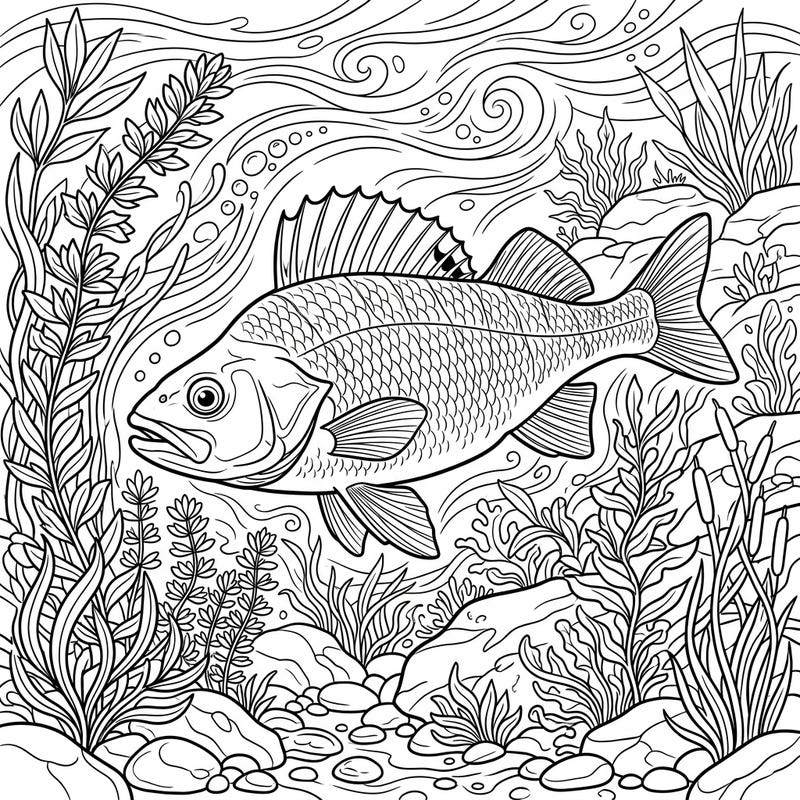 Explore the beauty of freshwater life with this intricate perch fish coloring page. Designed specifically for seniors, this full underwater scene offers clear outlines for a relaxing and engaging coloring experience.