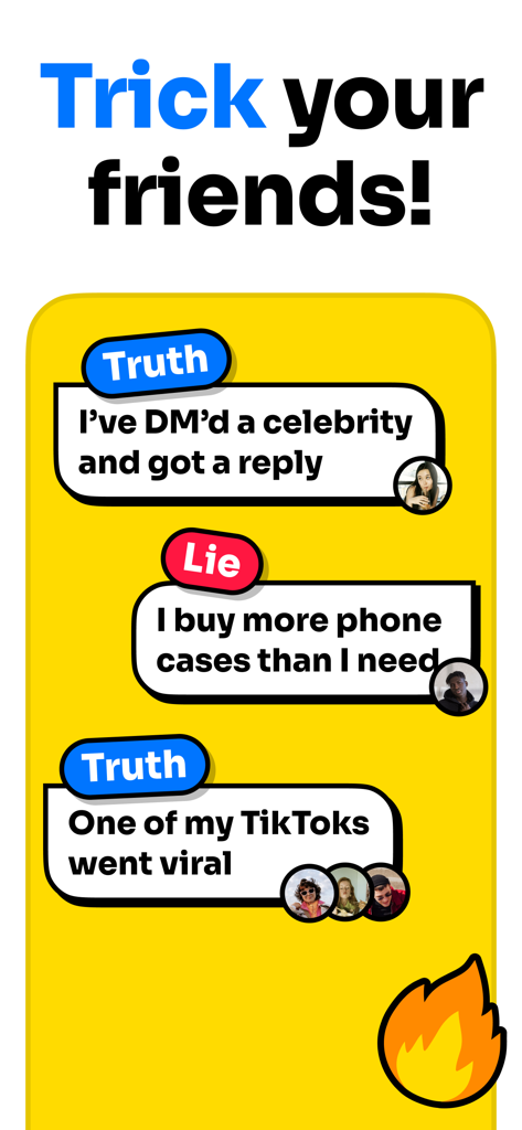 2 Truths and 1 Lie - Uno screenshot dell'app 2 Verità e 1 Bugia con spunti di gioco social e un titolo 'Inganna i tuoi amici'.