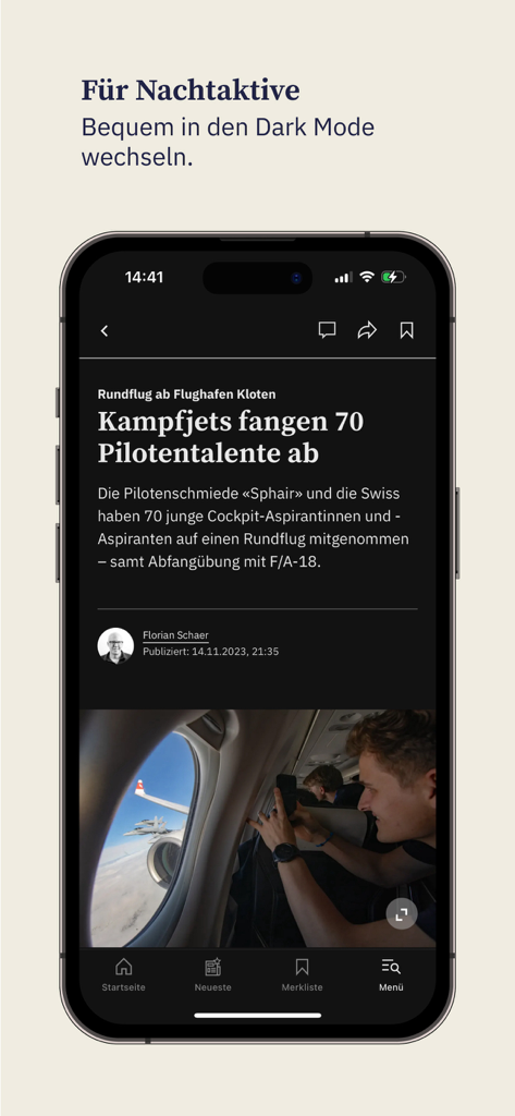 Zürcher Unterländer News - Zürcher Unterländer News Mobile App, die einen lokalen Nachrichtenartikel im Dark Mode auf einem iPhone-Bildschirm anzeigt