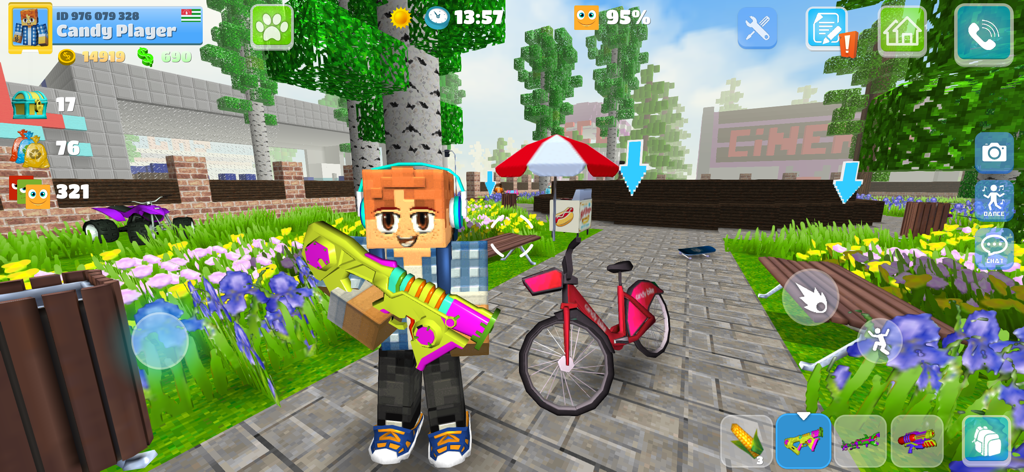 Un personaje pixelado de estilo bloqueado sosteniendo una pistola de paintball de neón en un parque urbano con una bicicleta