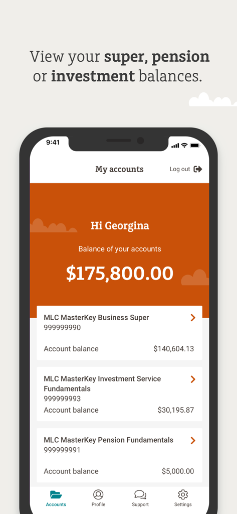 MLC mobile app dashboard showing super, pension, and investment account balances.