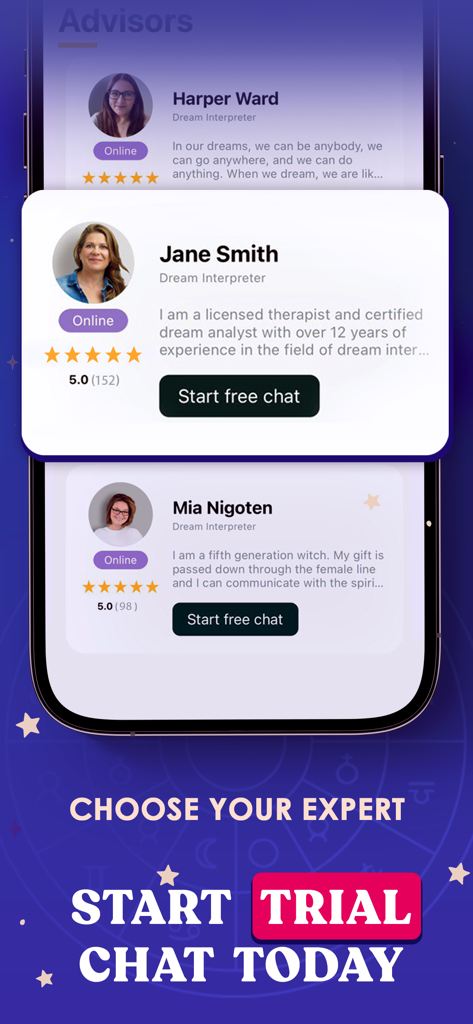 Mobile screen from Love Wise app showing a list of expert relationship and dream advisors available for trial chat