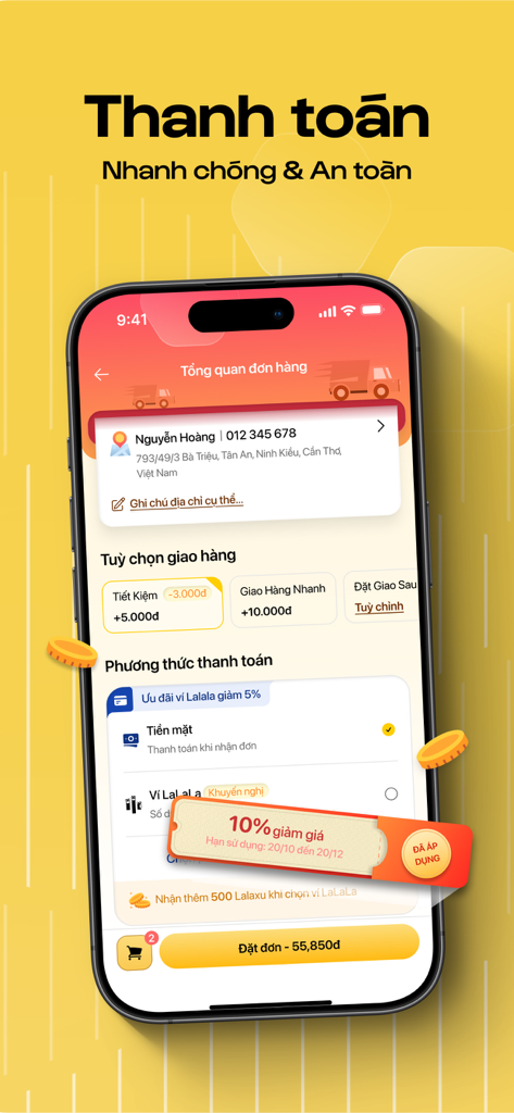 Lalala Cafe mobile app checkout screen showing order summary payment methods and delivery options in Vietnamese