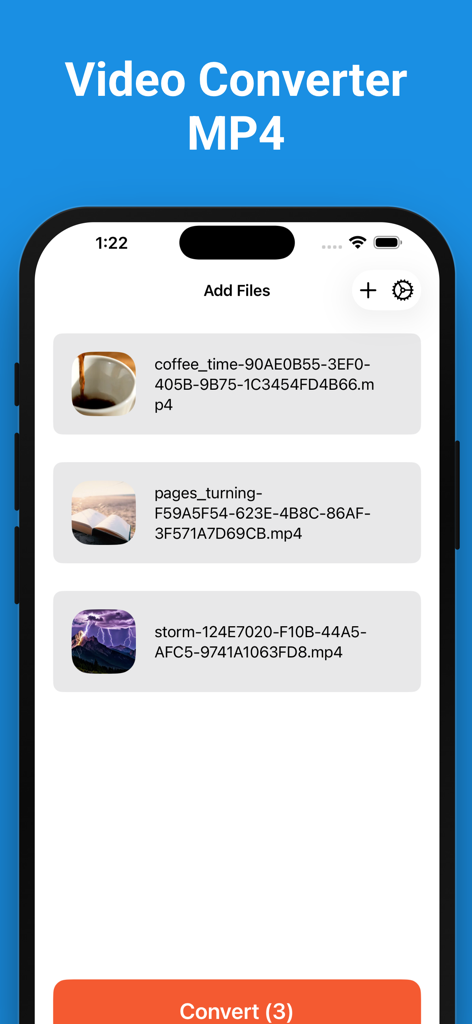 Video Converter MP4 - Schermata dell'app Video Converter MP4 su iPhone che mostra tre file video in un elenco pronti per la conversione batch