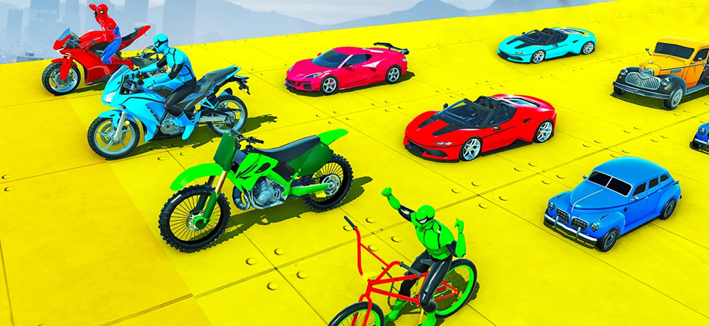 Personaggi di supereroi con auto e moto colorate su una mega rampa gialla