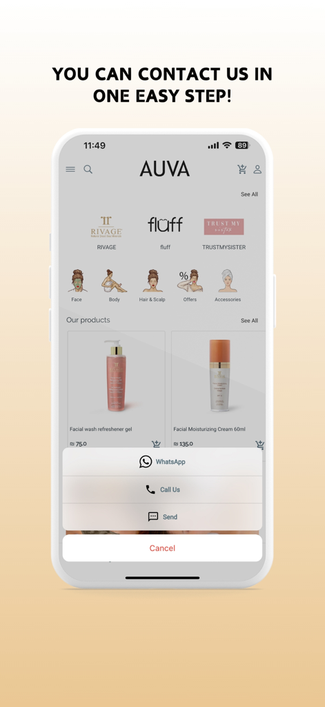 AUVA - A mobile app screenshot showing contact options like WhatsApp and phone calls over a premium skincare product catalog