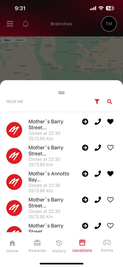 Mothers Rewards - A mobile app screen showing a map and list of Mother's Food Group restaurant locations with closing times