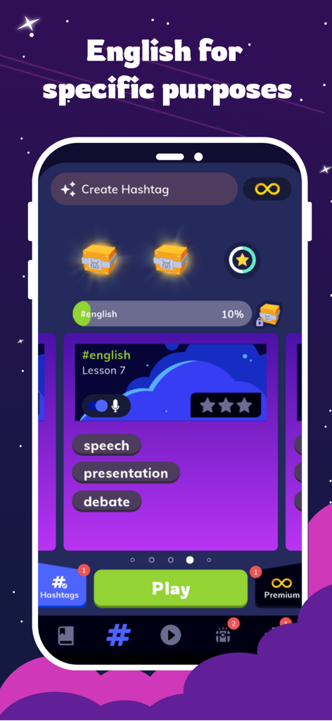 Wordbox English - Mobile app screen for Wordbox English featuring specialized lessons for speech and debate.