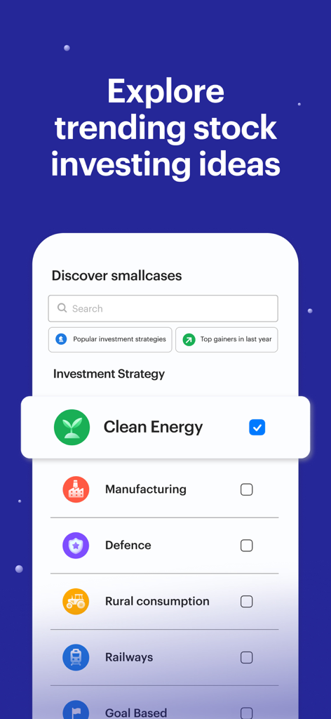 Mobile app interface displaying trending stock investment ideas and thematic portfolios like Clean Energy and Manufacturing.