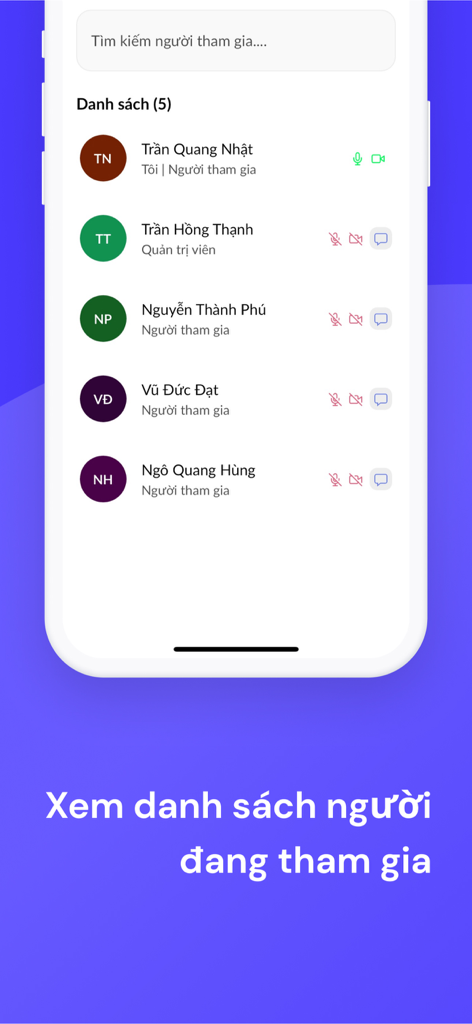 VNPT GoMeet V3 - VNPT GoMeet V3 meeting participant list screen showing names and status icons