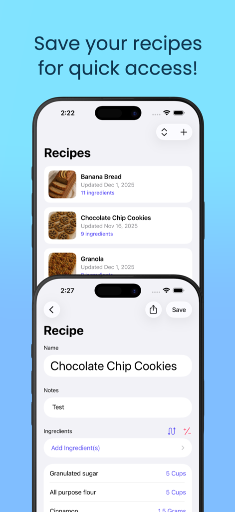 Bake-u-lator - Bake-u-latorアプリ。保存された製菓レシピと材料の詳細のリストが表示されています。