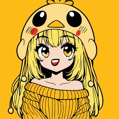 anime girl with chick shaped hat with sweater with bare shoulders with bangs covering them one eye with low tail