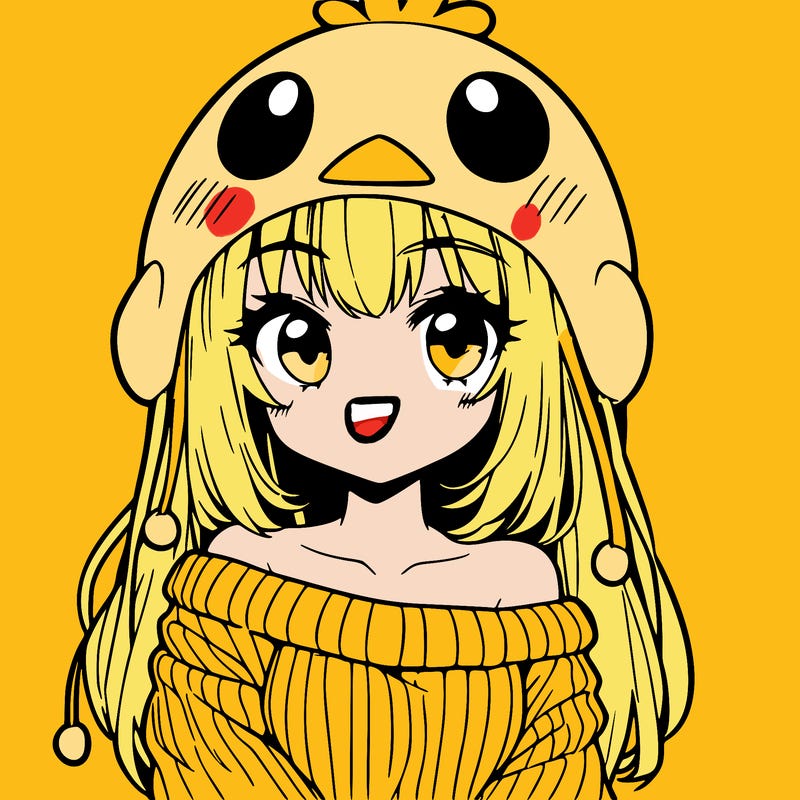 anime girl with chick shaped hat with sweater with bare shoulders with bangs covering them one eye with low tail