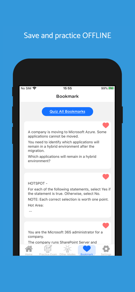 Oberfläche mit markierten MS-900-Übungsfragen für das Offline-Studium