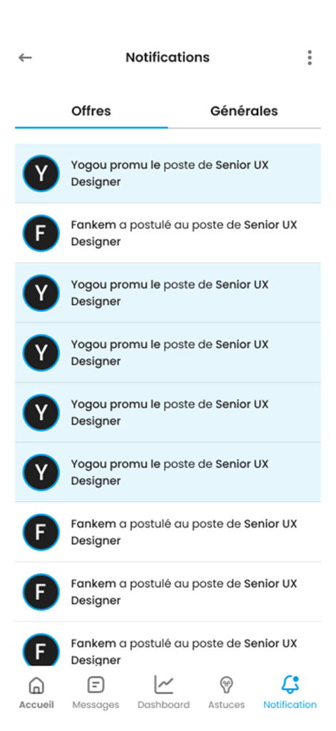 YoupiJob - Job seeking - Écran des notifications de l'application YoupiJob montrant les mises à jour des offres d'emploi et les candidatures