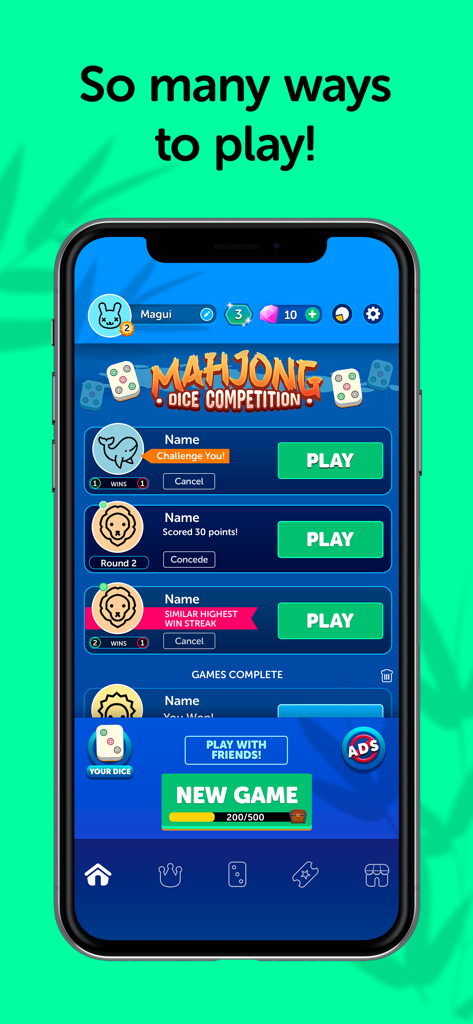 A mobile screen showing the game lobby of Mahjong Dice Competition with multiple active matches and a new game button