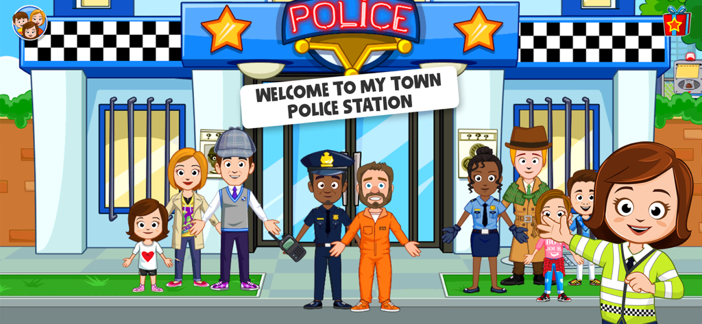 My Town Police game - Be a Cop - Various cartoon characters including police officers, a detective, and a prisoner standing in front of the My Town Police Station.