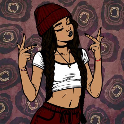 realistic teenage girl with braids and a beanie and crop top doing 🫶🏼