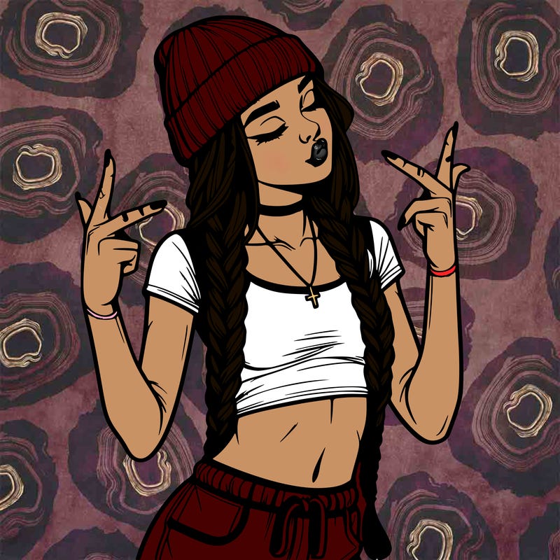realistic teenage girl with braids and a beanie and crop top doing 🫶🏼
