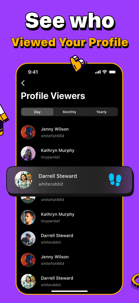 Followers+ & Reports Tracker - Interface of the Followers plus app displaying a list of recent Instagram profile viewers with filtering options
