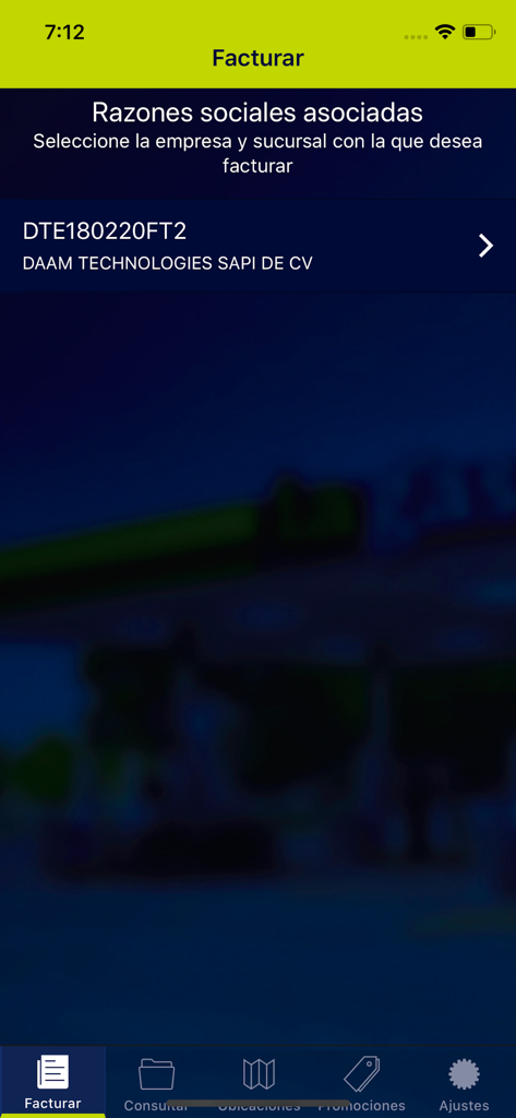 Facturación electrónica La GAS - Interfaz de la aplicación La GAS para seleccionar una entidad comercial asociada para generar facturas electrónicas