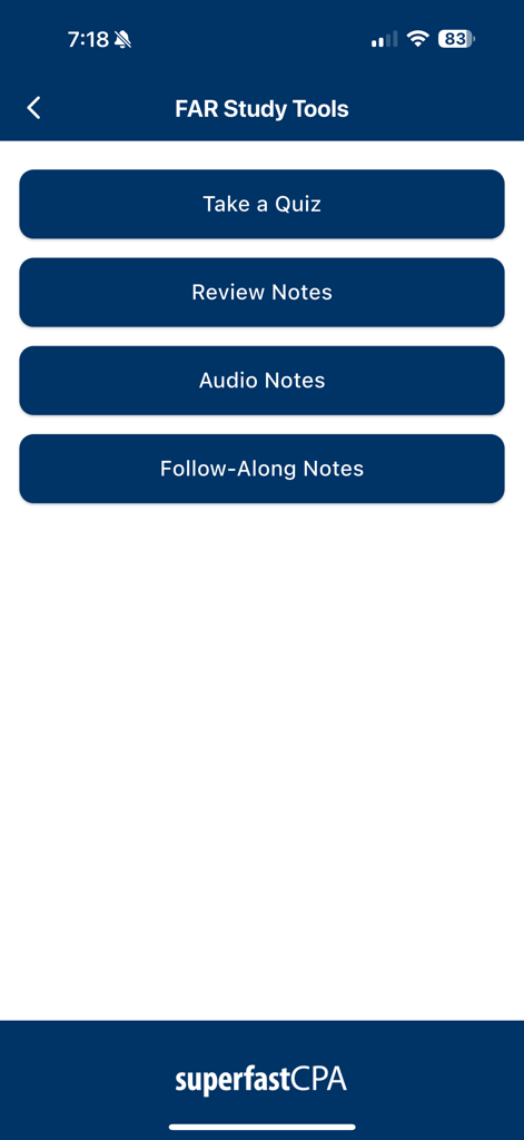 SuperfastCPA - Mobile app interface of SuperfastCPA showing study tool options for the FAR exam section including quizzes and audio notes