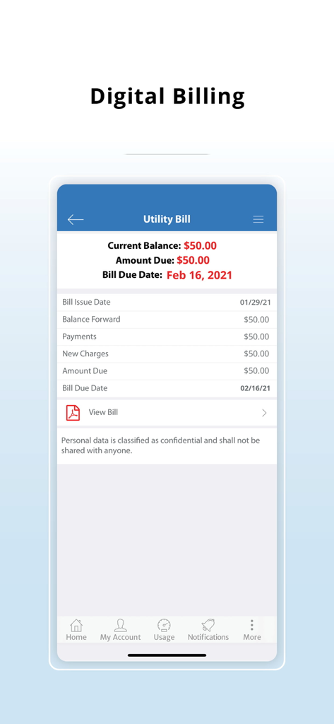 Manitoba Hydro - Digital billing screen of the Manitoba Hydro app showing account balance and due date