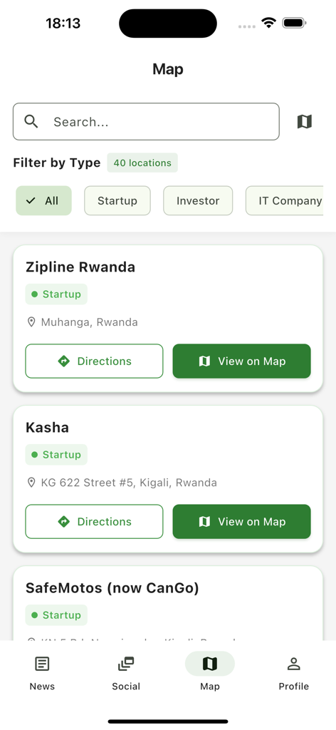 Un elenco di directory di startup tecnologiche ruandesi come Zipline e Kasha con opzioni di filtro e visualizzazione su mappa