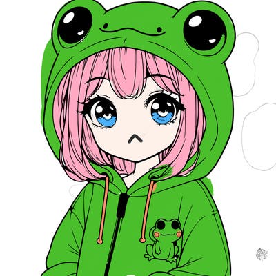 cute realistic girl in a froggy hoodie