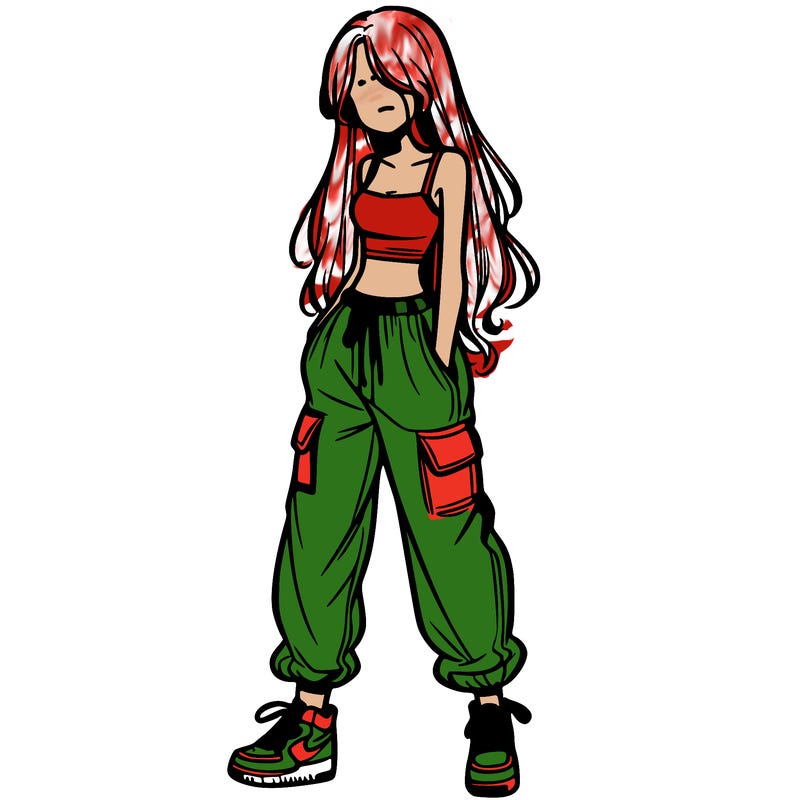 girl in baggy pants crop top and long hair