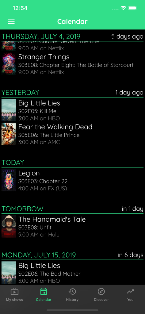 TV Show & Movie Tracker - A mobile app interface showing a calendar schedule of upcoming TV episodes from various networks like Netflix, HBO, and Hulu.