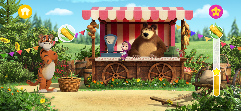 Masha and the Bear: Easy Farm - Masha y el Oso en su puesto de mercado de la granja con un cliente tigre queriendo maíz