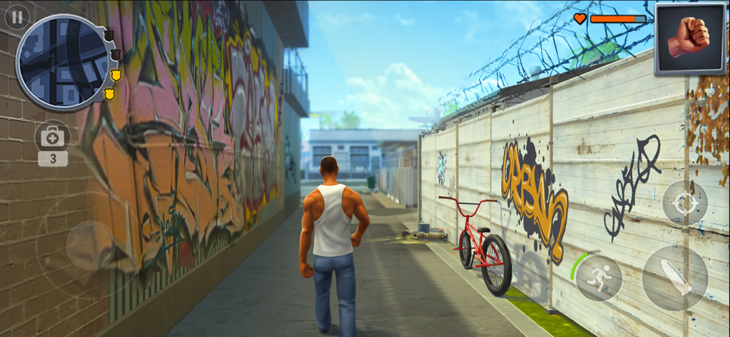 Gangs Town Story: Grand Crime - A character walking through a graffiti covered urban alley with a red bike in an open world environment