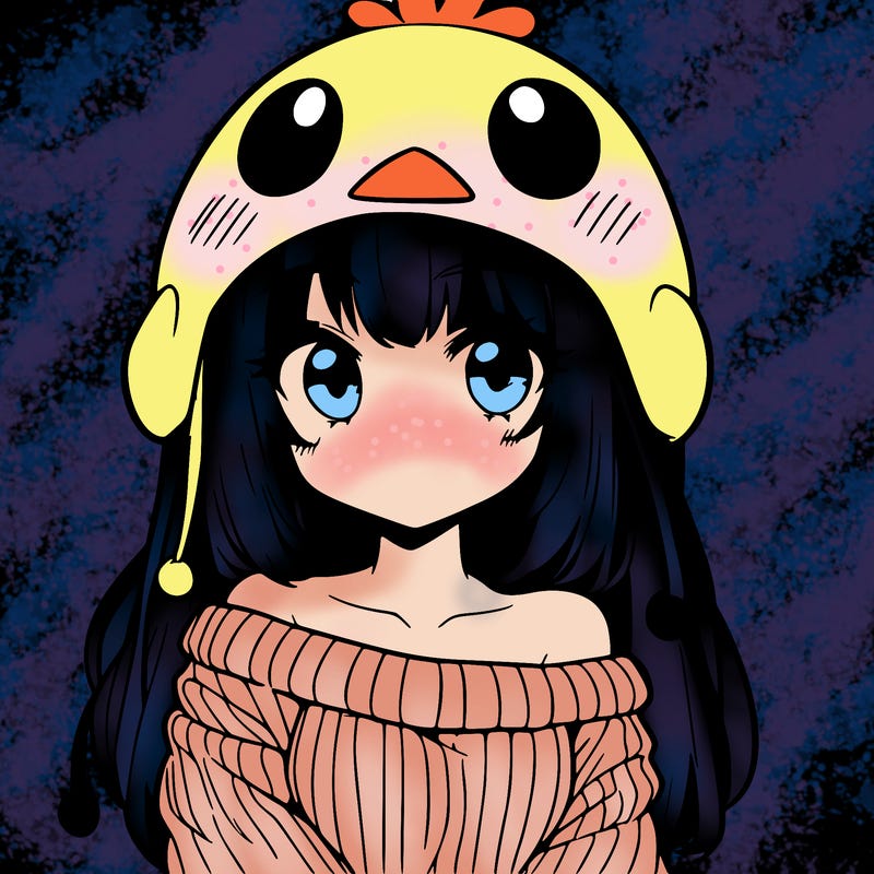 anime girl with chick shaped hat with sweater with bare shoulders with bangs covering them one eye with low tail