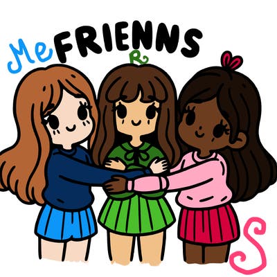 three girls with arms wrapped around each other a word above them saying friends