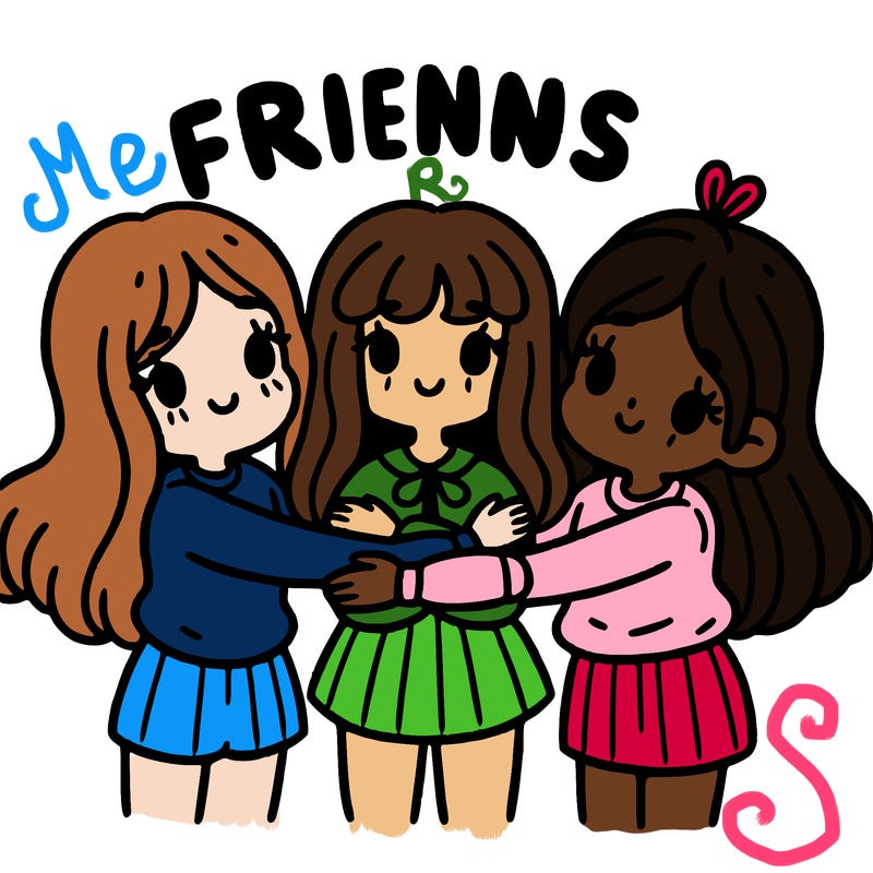 three girls with arms wrapped around each other a word above them saying friends