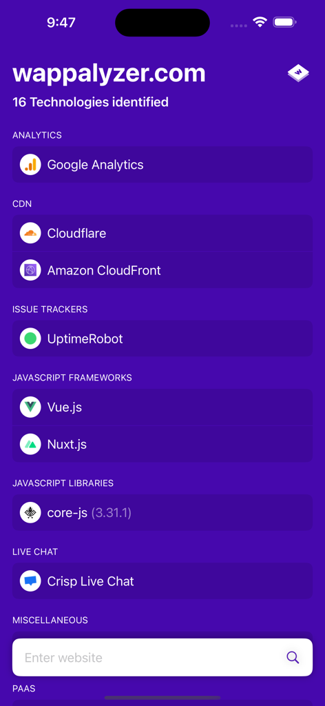 Wappalyzer - Interfaz de la aplicación móvil Wappalyzer que muestra las tecnologías identificadas para un sitio web, incluyendo Google Analytics y Vue.js.