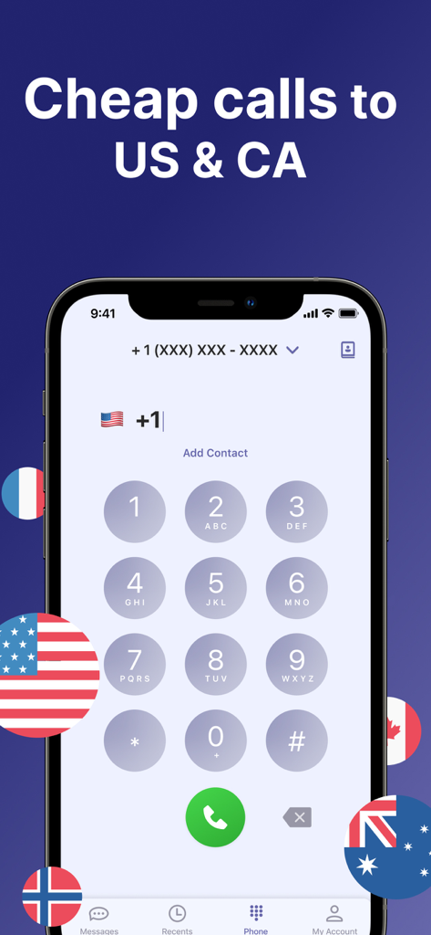 Tela de discagem de aplicativo móvel mostrando opções para chamadas baratas para os EUA e Canadá com bandeiras internacionais.