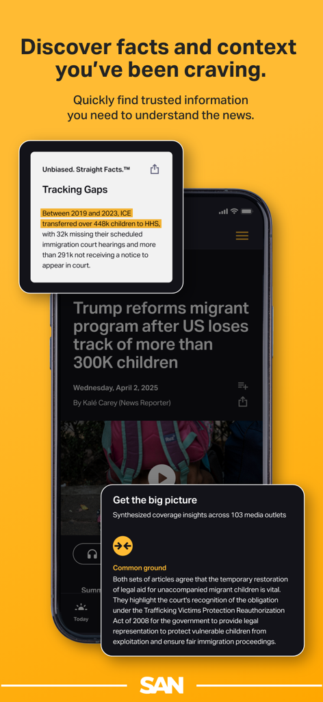 Interface do aplicativo Straight Arrow News exibindo fatos de notícias e insights de consenso comum de várias fontes de mídia