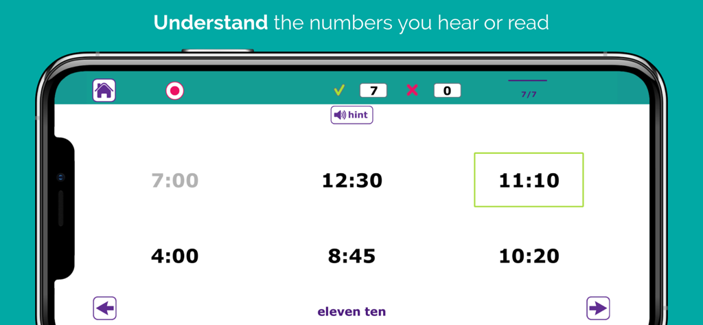 Screenshot of Number Therapy Lite app showing a digital clock recognition exercise for speech therapy