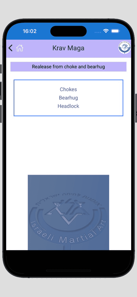 Krav Maga All - Interface of the Krav Maga All app displaying menu options for choke and bearhug release techniques.