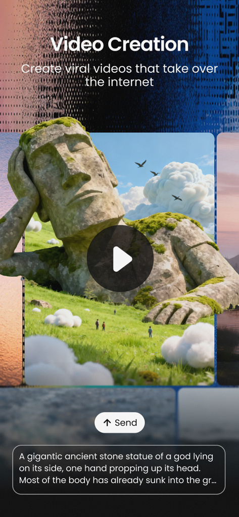 Lovart - Interface do aplicativo Lovart demonstrando a criação de vídeo por IA a partir de um prompt de texto apresentando uma estátua de pedra gigante.