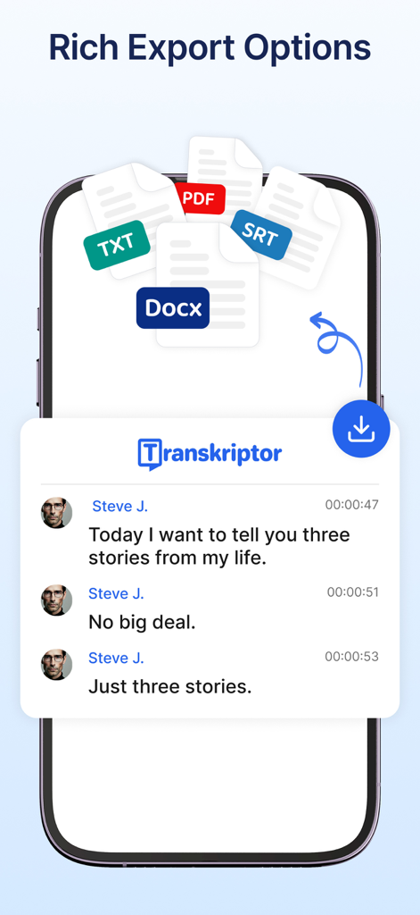 Transkriptor app screen showing speech to text transcription with export options in PDF Docx SRT and TXT formats