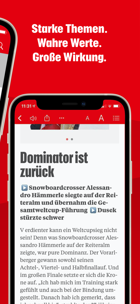 iPhone-Bildschirm mit einem deutschen Nachrichtenartikel in der Krone ePaper App mit rotem Hintergrund
