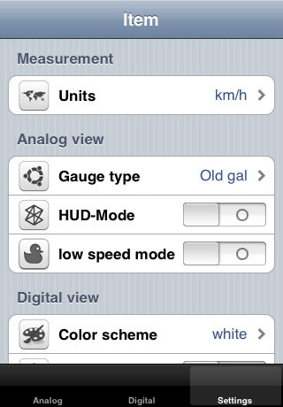 SpeedoCheck HUD - Tela de configurações do aplicativo SpeedoCheck HUD mostrando opções de configuração para unidades de medida e modo HUD