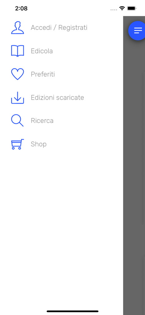 Il Giornale di Olgiate - Side menu of the Il Giornale di Olgiate app featuring navigation options such as Newsstand, Favorites, and Search