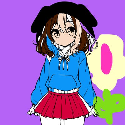 pretty anime girl wearing a fluffy hoodie with bunny ears on the hood and a skirt