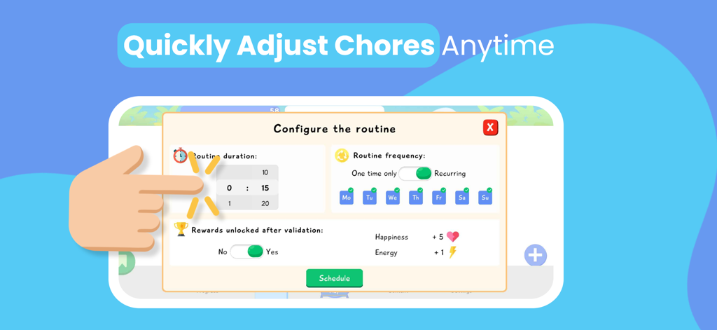 Chores and Anger Management - Interface for configuring chore routines and rewards in the Lusha app