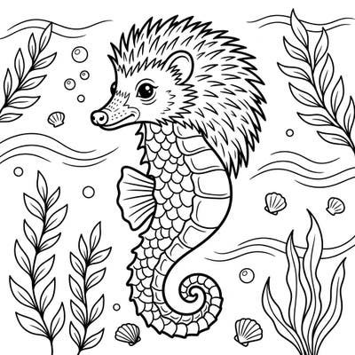 Discover the enchanting world beneath the waves with this unique Hedgehog Seahorse coloring page. Designed with seniors in mind, it features clear, bold outlines for a relaxing and accessible creative experience.